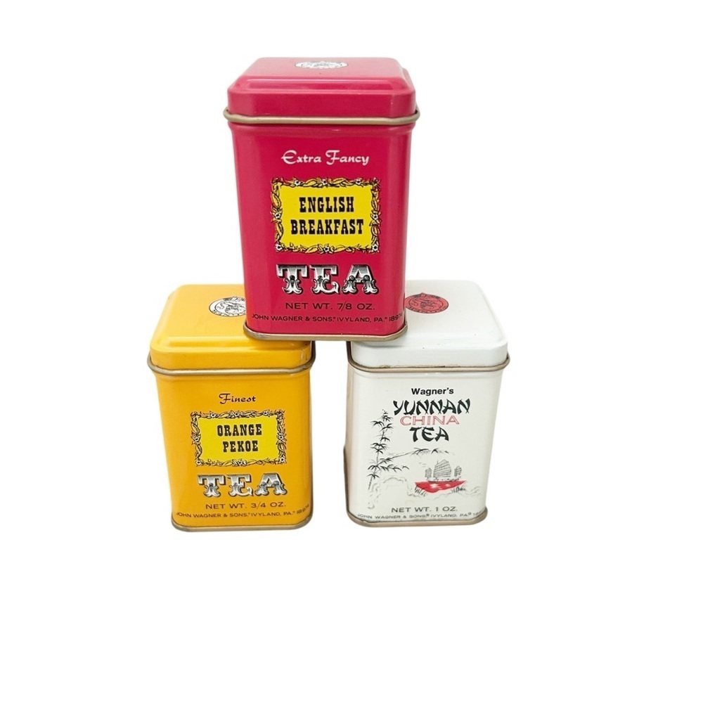 Vintage John Wagner & Sons Tea Tins Orange Pekoe Yunnan China English Breakfast